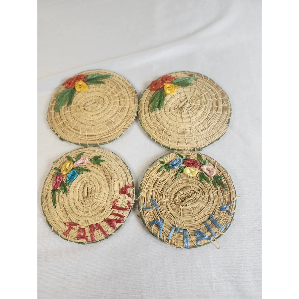 Vintage Woven Raffia Straw Jamaica Coasters Set of 4 Floral Embroidered Boho